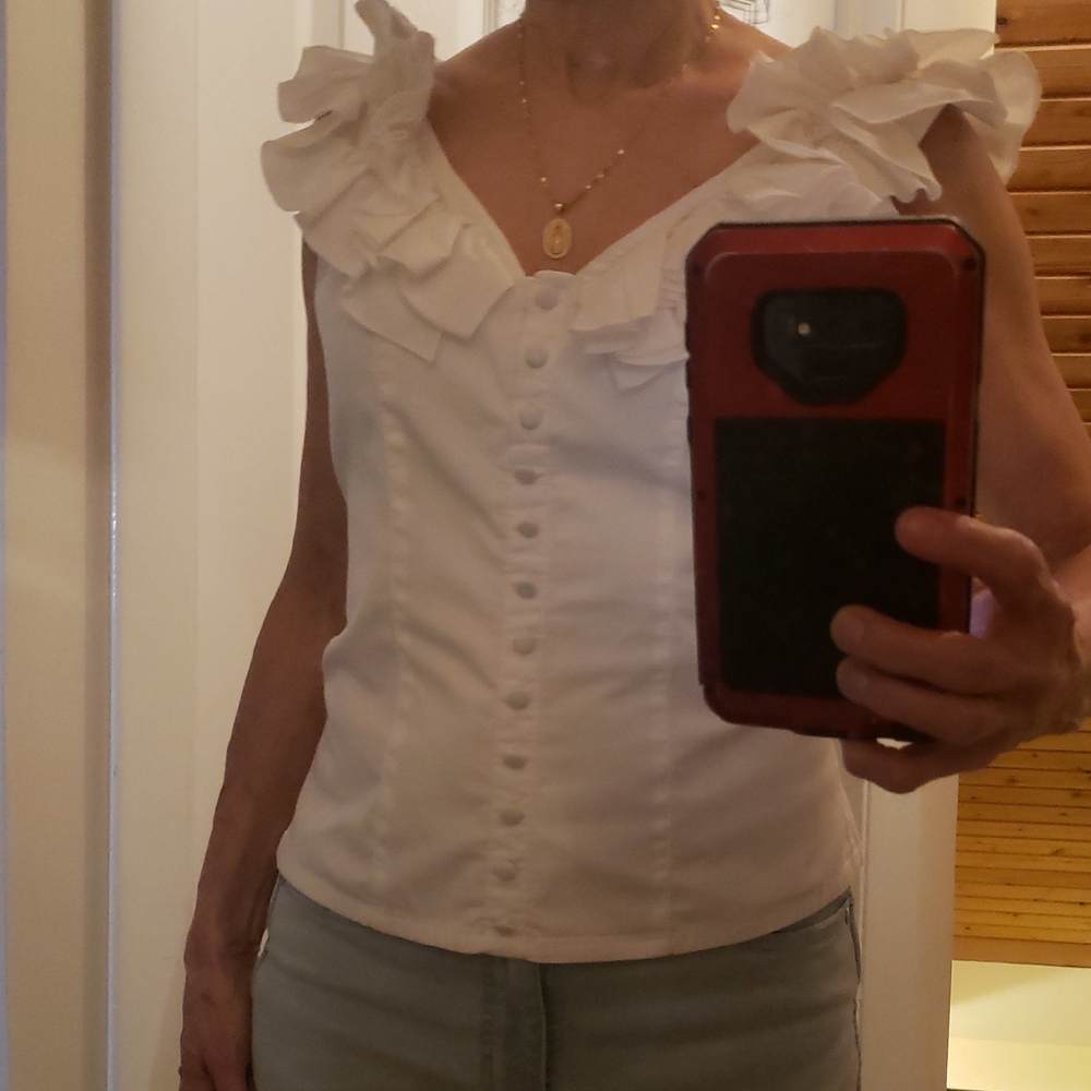 Boston Proper White Ruffled Blouse